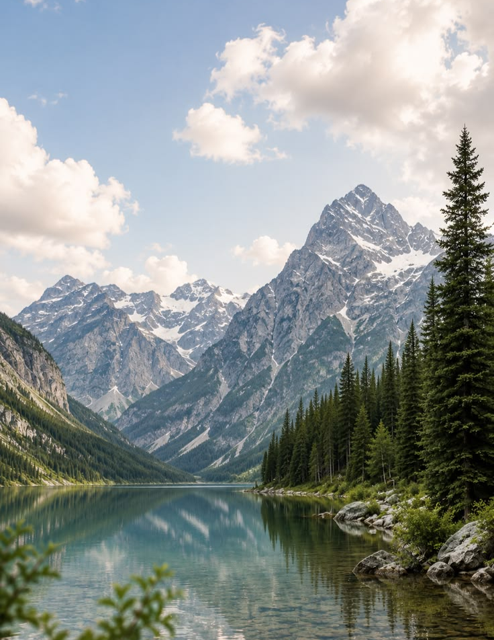 A serene alpine lake reflecting snow-capped mountains and evergreen forests
